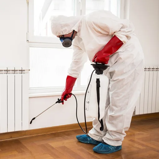Worker in a protective suit and respirator spraying beside a baseboard heater