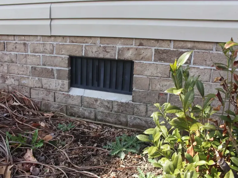 Brick foundation wall with a crawl space vent and landscaping